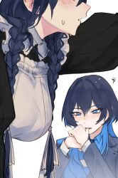 2girls apron biting_own_finger black_dress blue_coat blue_eyes blue_hair braid coat double-parted_bangs dress highres hololive hololive_english hunk_404 leaning_forward long_hair looking_at_another low_twin_braids medium_hair multiple_girls multiple_persona ouro_kronii ouro_kronii_(4th_costume) ouro_kronii_(maid) sleepy_(albertweskerh) sweat twin_braids virtual_youtuber white_apron wolf_cut