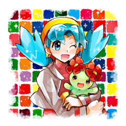 1girl ;d anidler91 bellossom blue_eyes blue_hair cropped_jacket gen_2_pokemon hat holding holding_pokemon jacket kris_(pokemon) long_hair long_sleeves nintendo one_eye_closed open_clothes open_jacket open_mouth pokemon pokemon_(creature) pokemon_gsc red_shirt shirt smile twintails white_jacket yellow_hat