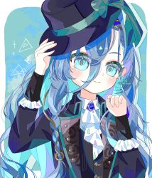 Rule 34 | 1girl, 37 (reverse:1999), :&gt;, adjusting clothes, adjusting headwear, artist name, ascot, black coat, black hat, blue background, blue bow, blue eyes, blue hair, boater hat, bow, coat, collared shirt, cosplay, hair between eyes, hand on headwear, hands up, hat, hat bow, highres, jitsugetsu (bakavh0hok87401), long hair, long sleeves, looking at viewer, reverse:1999, shirt, solo, triangle, twitter username, upper body, vertin (reverse:1999), vertin (reverse:1999) (cosplay), very long hair, vest, waistcoat, white ascot, white shirt