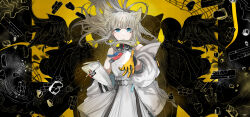 Rule 34 | 1girl, 6+others, animal ears, arknights, arknights: endfield, b maozi, bare shoulders, belt, bird ears, black gloves, blue eyes, blunt bangs, breasts, commentary request, dress, feathers, floating hair, gloves, grey hair, hand up, highres, jacket, long hair, looking at viewer, multiple others, off shoulder, open clothes, open jacket, outstretched arm, parted lips, perlica (arknights), skeleton, sleeveless, sleeveless dress, small breasts, straight-on, three-quarter sleeves, two-tone gloves, upper body, white dress, white jacket, yellow background, yellow gloves