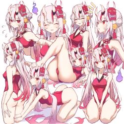 1girl barefoot collarbone colored_tips feet flying_sweatdrops hair_ornament highres hololive horns long_hair looking_at_viewer momomo9639 multicolored_hair multiple_views nakiri_ayame oni red_hair simple_background smile streaked_hair teeth thick_thighs thighs upper_teeth_only virtual_youtuber white_background white_hair