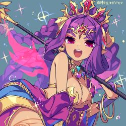 Rule 34 | 1girl, bracelet, braid, breasts, cleavage, cowboy shot, crown, dark-skinned female, dark skin, dress, durga (p&amp;d), gold trim, highres, holding, holding staff, jewelry, kozakura (dictionary), large breasts, leg tattoo, long hair, looking at viewer, multiple bracelets, multiple braids, necklace, open mouth, pointy ears, purple dress, purple eyes, purple hair, puzzle &amp; dragons, smile, solo, sparkle, staff, tattoo, wrist guards