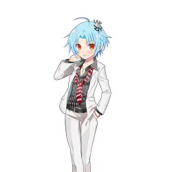 1girl ahoge belt black_shirt blue_hair blush bow bracelet breasts brown_eyes cleavage collarbone collared_shirt hair_bow hair_ornament hair_ribbon hand_in_pocket hand_on_own_hip hand_up jacket jewelry lab_coat long_sleeves looking_at_viewer merueto multicolored_hair necklace necktie non-web_source open_clothes open_mouth orange_eyes pants red_eyes ribbon sapphire_(uchihime) shirt short_hair small_breasts smile solo standing striped_clothes striped_shirt sweat sweatdrop transparent_background uchi_no_hime-sama_ga_ichiban_kawaii vest white_jacket white_pants white_shirt