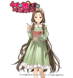 1girl bare_legs breasts brown_eyes brown_hair dress frilled_dress frills green_dress hairband head_bow holding holding_notebook holding_pencil ice_(ice_aptx) kushinada_(uchi_no_hime-sama) long_dress long_hair multicolored_eyes notebook pencil pink_hairband standing uchi_no_hime-sama_ga_ichiban_kawaii very_long_hair yellow_eyes