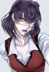 1girl absurdres bow chin_piercing collared_shirt commentary_request ear_piercing eyepatch face_piercing grey_background hairband highres hyakkaou_academy_school_uniform ikishima_midari kakegurui miseqi piercing purple_hair purple_lips red_eyes school_uniform shirt simple_background solo