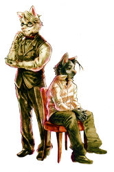 1boy 2boys absurdres animal_ears black_pants black_vest bow bowtie butler cat_boy cat_ears closed_mouth commentary_request furry furry_male gavadon_(artist) glasses gloves highres looking_at_viewer looking_to_the_side male_focus morenatsu multiple_boys on_chair pants red_bow red_bowtie shin_kuroi shirt sitting tsukishiro_amaki vest whiskers white_background white_gloves white_shirt
