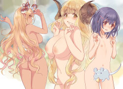 3girls anila_(granblue_fantasy) ass blonde_hair breasts brown_eyes censored commentary_request completely_nude curled_horns dark-skinned_female dark_skin double_v draph embarrassed erune flat_chest granblue_fantasy horn_ornament horn_ribbon horns kumbhira_(granblue_fantasy) large_breasts long_hair mouse_(animal) multiple_girls navel nipples novelty_censor nude purple_hair ribbon sheep_horns shirokuma-kun short_hair v very_long_hair vikala_(granblue_fantasy) wavy_hair