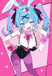 1girl absurdres animal_ears bare_shoulders black_leotard blue_eyes blue_hair breasts chest_harness clothing_cutout cowboy_shot cutout_above_navel fake_animal_ears fake_tail fang fishnet_pantyhose fishnets hair_ornament hand_on_own_hip harness hatsune_miku heart heart_cutout heart_hair_ornament highres hutaba_haru large_breasts leotard long_hair multicolored_hair open_mouth pantyhose pink_background pink_hair pink_pantyhose pink_pupils rabbit_ears rabbit_hole_(vocaloid) rabbit_tail solo spaghetti_strap tail tongue twintails two-tone_hair vocaloid