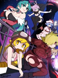 6+girls absurdres adventure_time arcueid_brunestud bat_wings black_leotard black_thighhighs blonde_hair blue_hair bongfill breasts bright_pupils character_request copyright_request darkstalkers demon_wings donut eating evening food goggles green_eyes green_hair hair_over_one_eye head_wings hellsing highres holding holding_donut holding_food leotard looking_at_viewer marceline_abadeer military_uniform monogatari_(series) morrigan_aensland multiple_girls nanakusa_nazuna_(yofukashi_no_uta) neco-arc neco_spirit night night_sky oshino_shinobu red_eyes remilia_scarlet seras_victoria sky smile strapless strapless_leotard thighhighs torn_clothes torn_thighhighs touhou tsukihime tsukihime_(remake) vampire wings yofukashi_no_uta