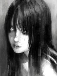 1girl absurdres black_hair chainsaw_man cross_scar facial_scar glowing glowing_eyes gradient_background greyscale hair_over_one_eye highres lips long_hair looking_at_viewer monochrome nose painterly partially_shaded_face realistic ringed_eyes scar scar_on_cheek scar_on_face scar_on_nose shadow shirt simple_background solo xa8uofivf2mcart yoru_(chainsaw_man)