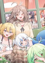 +_+ 6+girls absurdres ahoge airenif black_choker black_hair blonde_hair blue_eyes blue_hair blush brown_eyes brown_hair brown_hoodie brown_skirt cecilia_immergreen ceres_fauna character_request choker commentary drawstring earrings elizabeth_rose_bloodflame fins fish_tail floating_hair food-themed_earrings fuwawa_abyssgard gawr_gura gigi_murin green_hair heart heart_earrings highres holoadvent holojustice hololive hololive_english hood hood_down hoodie indoors jewelry koseki_bijou lap_pillow long_hair long_skirt long_sleeves looking_at_viewer mococo_abyssgard multicolored_hair multiple_girls nanashi_mumei nanashi_mumei_(casual) nerissa_ravencroft official_alternate_costume one_eye_closed one_side_up open_mouth outdoors pink_hair plaid_clothes plaid_skirt raora_panthera shark_girl shark_tail shiori_novella shirt sitting skirt smile streaked_hair tail v v_over_head virtual_youtuber watson_amelia white_hair window yellow_eyes