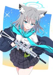 1girl animal_ear_fluff animal_ears assault_rifle blazer blue_archive blue_background blue_eyes blue_scarf commentary_request cowboy_shot cross_hair_ornament gloves gradient_background green_gloves grey_hair gun hair_ornament halo highres holding holding_gun holding_weapon id_card jacket kamuraaa_615 long_sleeves mismatched_pupils pleated_skirt rifle scarf school_uniform shiroko_(blue_archive) shirt sig_sauer sig_sauer_556 signature single_glove skirt solo sparkle weapon wolf_ears