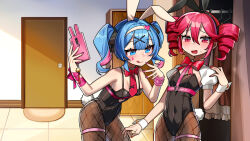 2girls alternate_costume animal_ears black_leotard blue_hair breasts cellphone colored_inner_hair comic door double-parted_bangs dress drill_hair facial_tattoo fake_animal_ears fingernails fishnet_pantyhose fishnets hair_between_eyes hatsune_miku headband highres holding holding_phone indoors kakosa_sama kasane_teto leotard multicolored_hair multiple_girls necktie open_mouth pantyhose phone pink_hair pink_nails playboy_bunny rabbit_ears rabbit_hole_(vocaloid) red_eyes red_hair red_nails red_necktie segmented_comic short_sleeves small_breasts smartphone smile sweatdrop tattoo thigh_strap tongue tongue_out twin_drills unworn_dress utau vocaloid white_wrist_cuffs wrist_cuffs