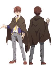 Rule 34 | 1boy, anime coloring, back, blue jacket, brown eyes, brown hair, cloak, collared shirt, full body, glasses, highres, hitoribocchi no isekai kouryaku, jacket, looking at viewer, multiple views, nakano keiya, necktie, open hand, open mouth, pants, red shoes, school uniform, shirt, shoes, simple background, smile, solo, standing, tanaka (hitoribocchi no isekai kouryaku), teeth, transparent background, white shirt, yellow necktie