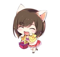 1girl ^_^ animal_ears bare_legs basket black_sandals blunt_bangs bob_cut bow bowtie brown_hair cardigan cat_ears chibi closed_eyes commentary_request fake_animal_ears fang frilled_skirt frills happy holding holding_basket idolmaster idolmaster_cinderella_girls light_blush light_particles long_sleeves lowres maekawa_miku miniskirt open_mouth paw_pose pleated_skirt purple_bow purple_bowtie red_skirt sandals shirt short_hair simple_background skirt smile solo usoneko white_background white_shirt yellow_cardigan