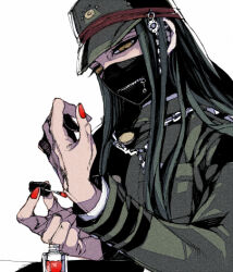 1boy androgynous applying_manicure breast_pocket chain cosmetics covered_mouth danganronpa_(series) danganronpa_v3:_killing_harmony dress_shirt fingernails gakuran girly_boy green_gakuran green_hair hair_over_shoulder hat jacket long_hair long_sleeves lowres male_focus mankintan mask mouth_mask nail_polish nail_polish_bottle nail_polish_brush painting_nails pocket red_nails school_uniform shinguji_korekiyo shirt solo striped_clothes striped_jacket white_background yellow_eyes zipper