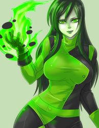 1girl black_bodysuit black_hair bodysuit breasts exaxuxer female_focus fire gloves green_background green_eyes green_hair green_theme kim_possible_(series) large_breasts light_smile lips lipstick makeup matching_hair/eyes shego solo