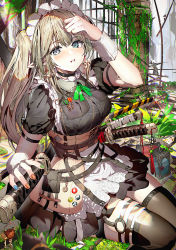 1girl absurdres adjusting_hair apron arm_strap badge belt belt_pouch bird black_belt black_cat black_choker black_shirt black_skirt black_thighhighs blue_eyes blue_nails blurry blurry_background blurry_foreground blush breast_pocket breasts buckle button_badge buttons cage cat chain charm_(object) choker collar collared_shirt colored_stripes corset crescent cross cross-laced_clothes cross_earrings depth_of_field diamond_(shape) earrings elf enj! foreshortening frilled_apron frilled_skirt frills frog from_side gecko grass green_nails green_ribbon grey_hair hand_up harness highres holding holding_sword holding_weapon jewelry katana key lace lace-trimmed_apron lace-trimmed_cuffs lace-trimmed_legwear lace_trim lantern large_breasts leaf legs_together light_rays long_pointy_ears looking_at_viewer loose_belt maid maid_apron maid_headdress medal miniskirt multicolored_nails multiple_belts multiple_swords nail_art nail_polish neck_ribbon o-ring orange_collar orange_nails original outdoors parted_bangs parted_lips pillar plant pocket pocket_watch pointy_ears pouch ribbon sheath sheathed shirt short_sleeves sidelocks silhouette sitting skirt smile smiley_face striped sunbeam sunlight sweatdrop sword tassel thigh_strap thighhighs thighs tomoe_(symbol) twintails underbust unfastened vertical_stripes vines watch weapon white_apron wrist_cuffs yin_yang zettai_ryouiki