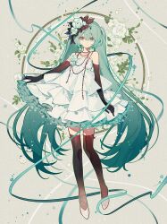 1girl absurdres aqua_eyes aqua_hair aqua_ribbon bare_shoulders bead_necklace beads black_gloves black_thighhighs chinese_commentary collarbone commentary_request dot_nose dress elbow_gloves expressionless flower frilled_dress frills full_body gloves gradient_hair green_outline grey_background hair_between_eyes hair_flower hair_ornament hatsune_miku highres jewelry leaf long_hair multicolored_hair necklace outline parted_lips ribbon rose shoes short_dress solo standing strapless strapless_dress thighhighs twintails very_long_hair vocaloid white_dress white_flower white_rose white_shoes z6
