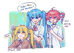 3girls akita_neru blonde_hair blue_eyes blush bow bowtie brown_jacket bunching_hair cardigan cellphone choker clothes_around_waist collared_shirt commentary drill_hair english_commentary english_text fang glaring hair_between_eyes hair_ornament hairclip hatsune_miku holding holding_phone jacket kasane_teto long_hair looking_at_another looking_at_viewer multiple_girls notice_lines open_mouth phone red_eyes red_hair shirt short_hair sitting smartphone smile smol_mitto speech_bubble standing sweatdrop triple_baka_(vocaloid) twin_drills twintails twitter_username utau vocaloid white_shirt yellow_eyes