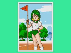 1girl 2girls animated animated_gif brown_hair buruma fallen_down green_hair gym_uniform lowres multiple_girls net outdoors running_track shoko_(super_real_mahjong) smile super_real_mahjong tears