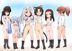 6+girls age_difference animal_ears ass black_legwear brown_hair cat_ears cat_tail cleft_of_venus closed_mouth crossed_arms curly_hair flat_chest frown full_body hair_bobbles hair_ornament hairband j7w lineup loli long_hair long_sleeves looking_at_viewer looking_to_the_side multiple_girls navel ponytail profile purple_hair pussy shaded_face shirt smile socks standing tail teeth tied_shirt twintails uncensored white_shirt