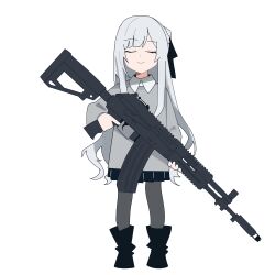 1girl absurdres aged_down ak-12 ak-12_(girls&#039;_frontline) assault_rifle black_boots black_pantyhose black_skirt boots closed_eyes closed_mouth commentary english_commentary engrish_commentary full_body girls&#039;_frontline grey_sweater gun highres holding holding_gun holding_weapon kalashnikov_rifle long_hair myticalcat pantyhose pleated_skirt rifle simple_background skirt smile solo sweater weapon white_background white_hair