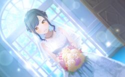 1girl aozora_ni_negau_your_happiness!_(project_sekai) beads black_hair blue_hair blush bouquet breasts bridal_veil collarbone colorful_palette dress dutch_angle floral_print flower frilled_dress frills gradient_hair hair_beads hair_ornament highres holding holding_bouquet jewelry lens_flare looking_at_viewer medium_breasts multicolored_hair necklace pink_flower project_sekai rose shiraishi_an smile solo sparkle third-party_source tiara veil white_dress yellow_eyes yellow_flower