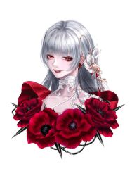 1girl collarbone coquelic_(path_to_nowhere) cropped_torso flower grey_hair hair_ornament highres jewelry looking_at_viewer parted_lips path_to_nowhere portrait red_eyes smile solo spikes thorns white_background xaviedrk
