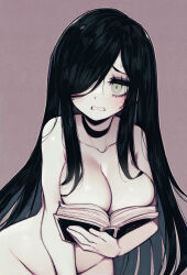 1girl aria_wintermint black_choker black_hair boobs_in_book_(meme) book breasts brown_background choker cleavage clenched_teeth collarbone commentary covering_crotch covering_privates english_commentary green_eyes hair_over_one_eye highres holding holding_book large_breasts leaning_forward long_hair meme open_book parororo simple_background solo teeth the_crawling_city upper_body