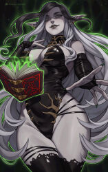 1girl absurdres artist_name aura black_hair black_leotard black_lips black_thighhighs book breasts cleavage closed_mouth colored_skin ear_piercing earrings elbow_gloves face_piercing fingerless_gloves fingernails gloves green_aura green_nails grey_eyes grey_hair grey_skin highleg highleg_leotard highres inspy_art jewelry large_breasts leotard light_smile lip_piercing lips long_hair long_pointy_ears looking_at_viewer magic multicolored_hair necromancer open_book original patreon_logo patreon_username piercing pointy_ears reaching reaching_towards_viewer sharp_fingernails solo standing thighhighs tolchelia_(inspy_art) torn_clothes torn_thighhighs wide_hips