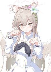 1girl absurdres angel_wings animal_ears black_neckerchief blue_archive brown_hair cat_ears commentary_request dress feathered_wings flower gre2018 hair_between_eyes hair_flower hair_ornament halo highres long_hair long_sleeves looking_at_viewer nagisa_(blue_archive) neckerchief paw_pose sailor_collar solo white_background white_dress white_wings wings yellow_eyes