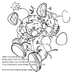 Rule 34 | 1boy, ^^^, afterimage, bags under eyes, big nose, creature, fighting, full body, furrowed brow, gloves, greyscale, helmet, highres, holding, holding creature, injury, korean text, lineart, looking at creature, monochrome, mushroom, mushroom pikmin, nervous sweating, nintendo, olimar, one eye closed, pikmin (creature), pikmin (series), pikmin 1, pointy ears, radio antenna, scared, short hair, simple background, sitting, space helmet, spacesuit, sweat, translation request, unusually open eyes, very short hair, whistle, white background, wide-eyed, yu pikmin