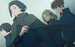 1girl 3boys aged_down ahoge azuma_haruaki black_hair blonde_hair blue_jacket bob_cut brown_hair cloak closed_eyes floating_hair from_side green_eyes hand_in_pocket headphones jacket kako_nozomi light_particles long_sleeves looking_at_viewer medium_hair miwa_shuuji mole mole_under_eye multiple_boys ninomiya_masataka profile short_hair tile_wall tiles uniform upper_body walking world_trigger yawai_tofu