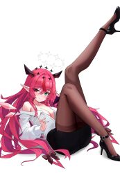 1girl absurdres alternate_costume ass bare_shoulders black_shoes black_skirt blue_eyes breasts brown_pantyhose cleavage closed_mouth commentary_request halo heterochromia high_heels highres hololive horns irys_(hololive) korean_commentary large_breasts leg_up long_hair looking_at_viewer lying miniskirt multicolored_hair nokde off_shoulder on_back pantyhose pencil_skirt pink_hair pointy_ears purple_eyes reclining shirt shirt_tucked_in shoes sitting skirt smile solo streaked_hair thighband_pantyhose very_long_hair virtual_youtuber white_background white_shirt