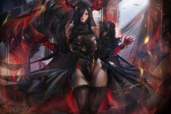 1girl airplane azur_lane bare_shoulders black_hair black_leotard black_thighhighs blue_eyes breasts fighter_plane friedrich_der_grosse_(azur_lane) fur gloves horns iron_blood_(emblem) large_breasts leotard mechanical_horns mika_l military_vehicle propeller_fighter red_gloves rigging see-through_clothes solo thighhighs