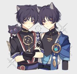 ... 2boys animal animal_ear_fluff animal_ears animal_on_shoulder arm_at_side armor belt black_belt black_bodysuit black_bow black_bridal_gauntlets black_hair black_kimono black_sleeves blue_gemstone blue_kimono blue_sleeves blunt_ends blush bodysuit bow bridal_gauntlets cat cat_ears cat_on_shoulder closed_mouth cropped_torso crossed_arms dual_persona eyeliner eyeshadow feathers gem genshin_impact gold grey_trim highres japanese_armor japanese_clothes jewelry juban kimono kote kurokote layered_sleeves looking_at_viewer makeup mandarin_collar mitsudomoe_(shape) multiple_boys neck_ring o-ring open_clothes open_kimono parted_lips pom_pom_(clothes) purple_eyes purple_rope purple_sash purple_sleeves red_eyeliner red_eyeshadow red_kimono reido_0723 rope sash scaramouche_(genshin_impact) shimenawa short_sleeves shoulder_peek side-by-side single_sode spoken_ellipsis tomoe_(symbol) tsurime vision_(genshin_impact) wanderer_(genshin_impact) white_kimono white_mouth white_rope wispy_bangs yellow_feathers