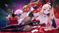 Rule 34 | 1girl, alcohol, alternate costume, artist name, black boots, black garter straps, black gloves, black leotard, blonde hair, boots, bottle, breasts, brown pantyhose, cleavage, cup, detached collar, dreiworks, drinking glass, elbow gloves, frilled pillow, frills, full body, garter straps, gem, gloves, gold trim, heart, heart-shaped pupils, highres, holding, holding cup, kitagawa marin, large breasts, leotard, long hair, looking at viewer, lying, multicolored leotard, night, night sky, on side, orange eyes, pantyhose, pillow, playboy bunny, pouring, pouring onto self, red gemstone, red leotard, red wine, sky, smile, solo, sono bisque doll wa koi wo suru, symbol-shaped pupils, thigh boots, two-tone leotard, very long hair, water, white wrist cuffs, wine, wine bottle, wine glass, wrist cuffs
