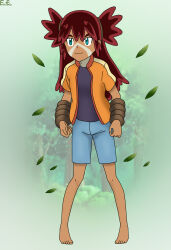 1girl aqua_eyes arms_at_sides artist_name barefoot bracelet brown_hair casual clenched_hands dark-skinned_female dark_skin eyelashes facepaint falling_leaves fankifalu feet female_focus flat_chest full_body genderswap gradient_background gradient_hair hair_between_eyes hair_ornament happy highres jacket jewelry knees koko_(pokemon) leaf leaning_forward legs long_hair looking_ahead messy_hair multicolored_hair nintendo open_clothes open_jacket pigeon-toed pokemon pokemon_(anime) pokemon_the_movie:_secrets_of_the_jungle short_sleeves shorts sidelocks smile standing toenails toes
