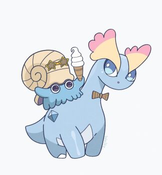 Rule 34 | amaura, animal focus, blue eyes, bow, bowtie, brown bow, brown bowtie, dinosaur, eyewear on head, food, full body, gen 1 pokemon, gen 6 pokemon, highres, holding, holding food, holding ice cream, ice cream, ice cream cone, nintendo, no humans, omanyte, parted lips, pokemon, pokemon (creature), pokemon focus, shell, simple background, sunglasses, waltz (wal w wal), white background