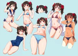 0_0 1girl :q arm_behind_back arm_support arm_up bare_arms bare_shoulders barefoot bikini black_bikini black_hair blue_background blue_bikini blue_bow blue_sailor_collar blush bow breasts chibi closed_mouth collarbone commentary contrapposto covered_navel cowboy_shot cropped_legs frilled_bikini frilled_bikini_top frills from_below groin hair_between_eyes hair_bow hand_in_own_hair hand_up head_tilt highres holding holding_towel huge_filesize kurokawa_makoto looking_at_viewer love_live! love_live!_school_idol_project medium_hair multiple_views navel new_school_swimsuit one-piece_swimsuit one_eye_closed open_mouth outstretched_arm plaid_bikini plaid_clothes reclining red_bow red_eyes red_ribbon ribbon sailor_bikini sailor_collar school_swimsuit shade shiny_skin side-tie_bikini_bottom simple_background small_breasts smile spaghetti_strap standing stomach string_bikini striped_bikini striped_clothes swimsuit thighs tongue tongue_out towel twintails white_bikini yazawa_nico