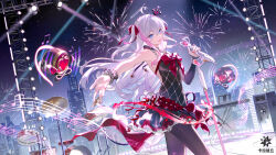 Rule 34 | 1girl, aerial fireworks, ahoge, armpits, bare arms, bare shoulders, black choker, black dress, blue eyes, bow, brown pantyhose, choker, crown, detached sleeves, dress, drone, fireworks, floating hair, hair bow, heart, heart-shaped pupils, highres, holding, holding microphone, kanami (century idol) (strinova), kanami (strinova), long hair, long sleeves, looking at viewer, microphone, microphone stand, mini crown, multicolored hair, musical note, official alternate costume, official art, one side up, open mouth, outstretched arm, pantyhose, single detached sleeve, sleeveless, sleeveless dress, smile, solo, stage lights, standing, streaked hair, strinova, symbol-shaped pupils, very long hair, white hair, wrist cuffs