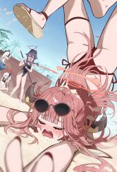 4girls :o absurdres alternate_costume aru_(blue_archive) ass beach bikini black_halo black_horns black_one-piece_swimsuit black_streaks blue_archive blurry blurry_foreground blush bright_pupils closed_mouth curved_horns depth_of_field double-parted_bangs dutch_angle eyewear_on_head falling foreshortening gonggo grey_hair hair_between_eyes hair_spread_out halo haruka_(blue_archive) hashtag-only_commentary highres horns kayoko_(blue_archive) legs_up long_bangs long_hair multicolored_hair multiple_girls mutsuki_(blue_archive) no_pupils nose_blush one-piece_swimsuit open_mouth palm_tree parted_lips problem_solver_68_(blue_archive) purple_eyes purple_hair purple_halo raised_inner_eyebrows red_bikini red_eyes red_hair red_halo sand sandals side-tie_bikini_bottom side_ponytail sitting standing streaked_hair sunglasses surprised swimsuit tears thigh_strap tree twintails white_pupils worried