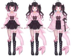 1boy animal_ears arm_cutout belt black_belt black_footwear black_skirt blush boots commentary dog_ears english_commentary fins fish_tail fishnet_legwear fishnets fur_trim indie_virtual_youtuber jacket kakyoxx male_focus moenaomii official_art pink_jacket shark_tail sharp_teeth single_thighhigh skirt smile tail teeth thighhighs trap two_side_up variations virtual_youtuber