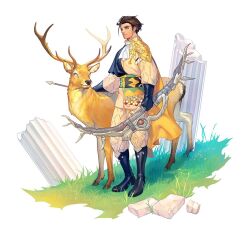 1boy antlers armor arrow_(projectile) ascot black_boots black_gloves boots bow_(weapon) brick broken_pillar brown_hair claude_von_riegan earrings elk fire_emblem fire_emblem:_three_houses full_body gloves gold_armor grass holding holding_arrow holding_bow_(weapon) holding_weapon horns jewelry male_focus nintendo short_hair sideburns solthrys weapon white_ascot white_background yellow_fur