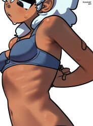 Rule 34 | 1girl, absurdres, adjusting bra, adjusting clothes, armpit crease, art study, blue bra, blush, bra, breast focus, breasts, from side, green eyes, hair behind ear, highres, looking down, medium breasts, medium hair, original, ribs, ryu (ryuwanshoy), shy, simple background, sweat, sweatdrop, tan, underwear, white background, white hair