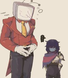 ... 1boy 1other ant_tenna armor black_bodysuit black_pants blue_hair blue_skin bodysuit capelet colored_skin cowboy_shot crt deltarune flying_sweatdrops gloves grey_background height_difference highres kris_(deltarune) mamaito necktie object_head pants pointy_nose simple_background smile spoken_ellipsis tailcoat torn_capelet torn_clothes white_gloves yellow_necktie