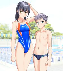 1boy 1girl absurdres age_difference androgynous black_hair black_male_swimwear blue_eyes blue_one-piece_swimsuit breasts brown_eyes bulge commentary_request competition_swimsuit covered_navel erection erection_under_clothes grey_hair height_difference highleg highleg_one-piece_swimsuit highres long_hair male_swimwear medium_breasts multicolored_swimsuit one-piece_swimsuit onee-shota original outdoors ponytail pool string_of_flags swim_briefs swimsuit takafumi variant_set