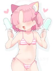 1girl :3 animal_ears bare_arms bare_shoulders bikini blue_archive breasts cat_ears cat_girl chlorella_observation_club_member_(blue_archive) chlorella_observation_club_member_(swimsuit)_(blue_archive) choker collarbone cowboy_shot faceless faceless_female food forehead front-tie_bikini_top front-tie_top hair_bobbles hair_ornament heart holding holding_food holding_popsicle loli nakajima_lupus navel open_mouth parted_bangs pink_choker pink_hair plump popsicle side-tie_bikini_bottom small_breasts smile standing stomach swimsuit two_side_up watermark