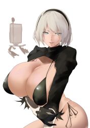 1girl 2b_(nier:automata) absurdres alternate_breast_size bad_id bad_twitter_id bikini black_bikini black_gloves black_hairband blue_eyes breasts cleavage feather-trimmed_sleeves gloves hairband highleg highleg_bikini highres huge_breasts juliet_sleeves long_sleeves looking_at_viewer mole mole_under_mouth nier:automata nier_(series) parted_lips pod_(nier:automata) puffy_sleeves s4ika short_hair shrug_(clothing) sweat swimsuit variant_set white_background white_hair